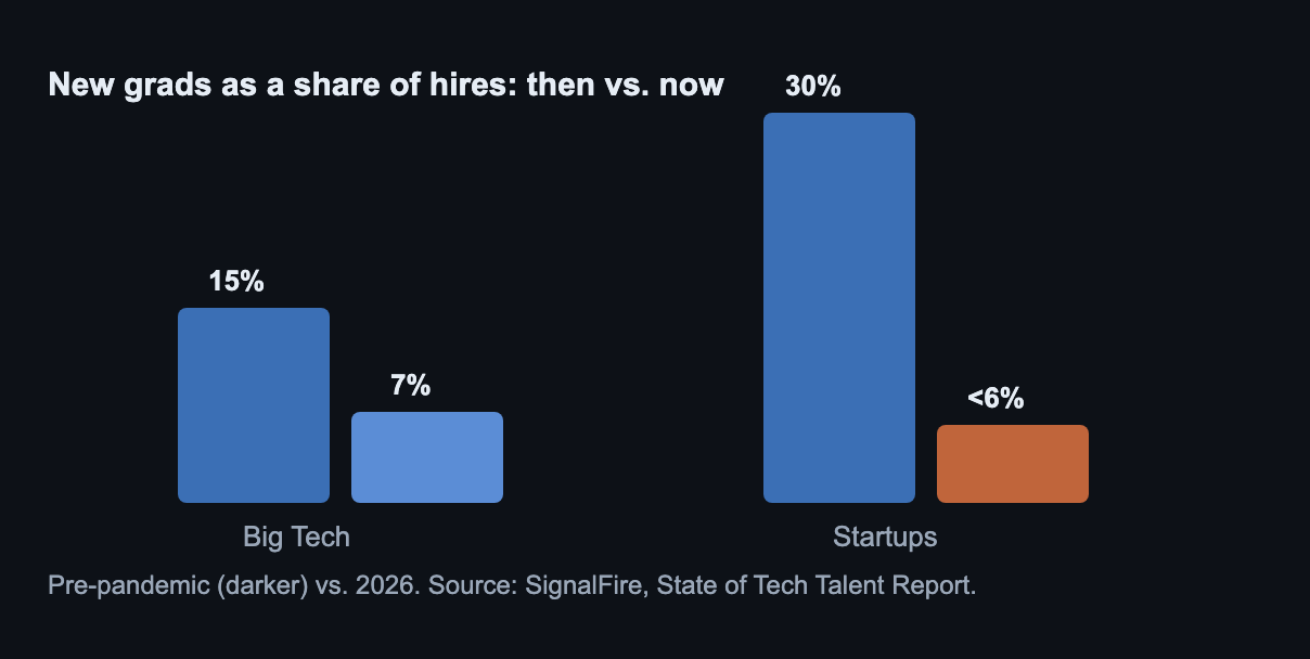 Grouped bar chart: new-grad share of hires fell from 15 percent to 7 percent at Big Tech and from 30 percent to under 6 percent at startups